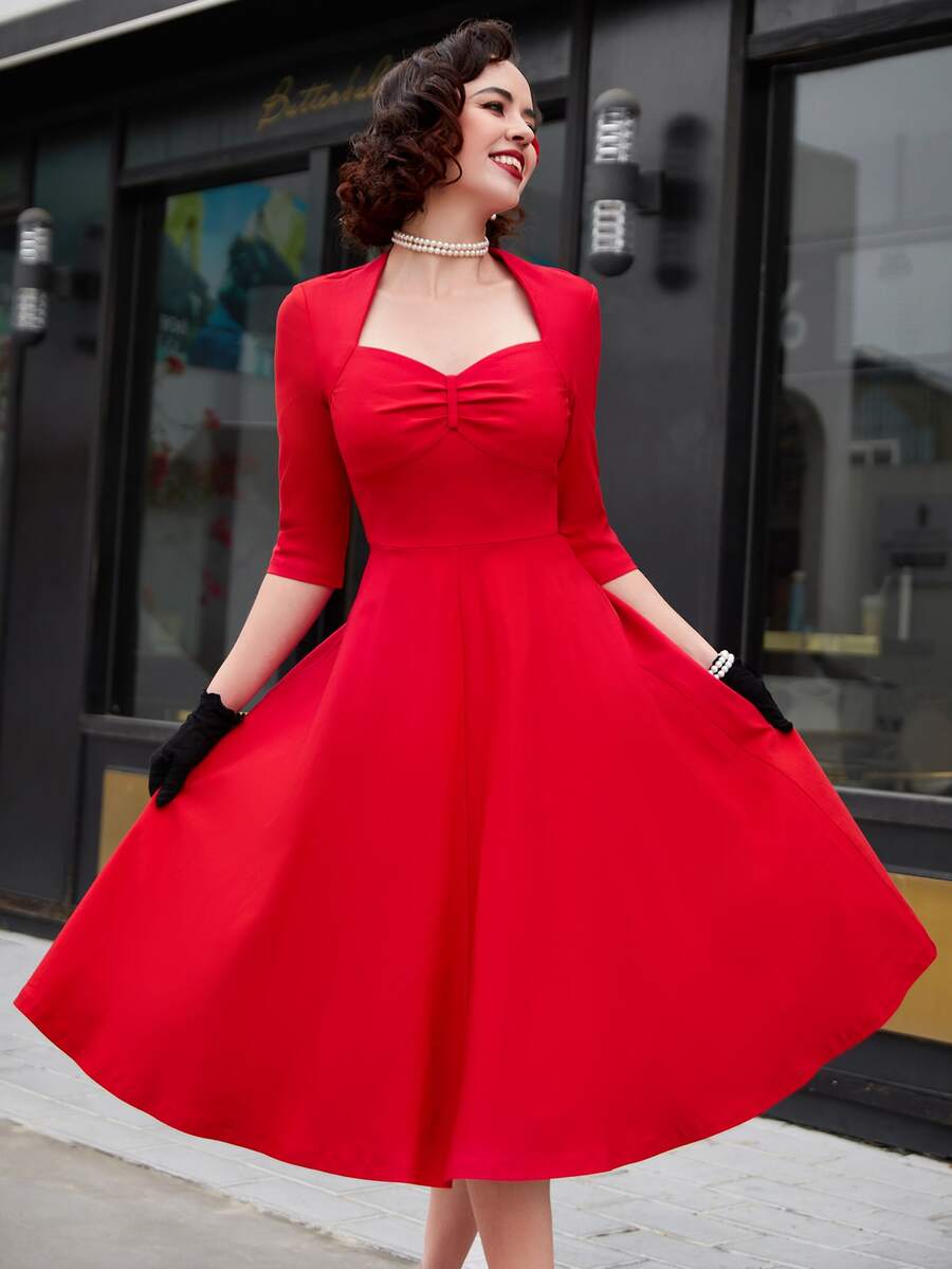 MUXXN Sweetheart Neck Ruched Dress - Red - View 1