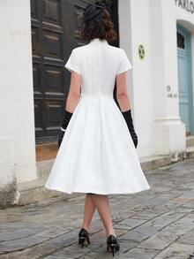 MUXXN Đầm Cắt ra Dây kéo Uốn nếp màu trơn Thanh lịch - trắng - Xem 2