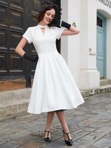 MUXXN Đầm Cắt ra Dây kéo Uốn nếp màu trơn Thanh lịch - trắng - Xem 4