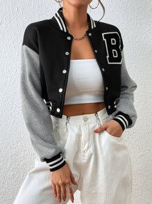 SHEIN Unity Letter Patched Striped Trim Drop Shoulder Bomber Jacket - Black - View 4