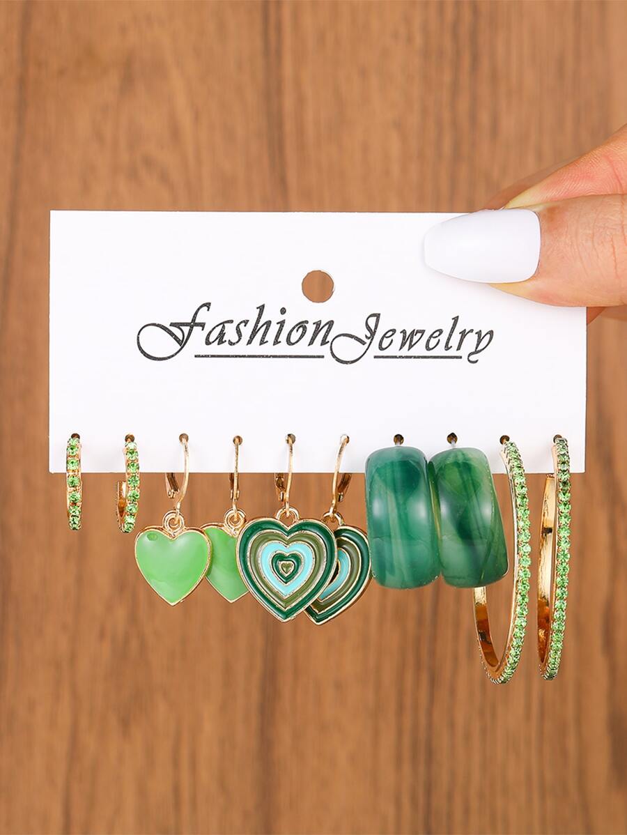 5雙心和幾何裝飾耳環 - 彩色 - 查看 1