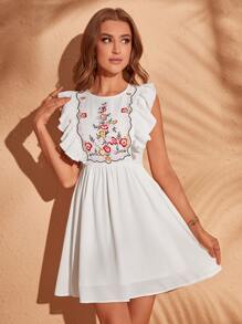 SHEIN VCAY Vestido con bordado floral ribete con fruncido - Blanco - Ver 5