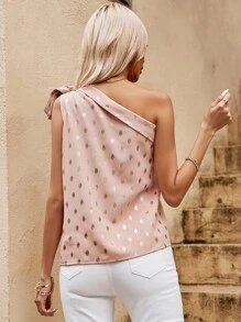 SHEIN LUNE Gold Dot Knot One Shoulder Blouse - Pink - View 2