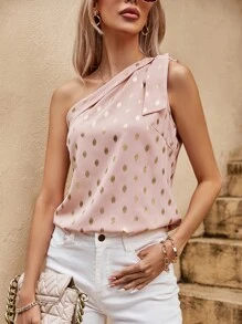SHEIN LUNE Gold Dot Knot One Shoulder Blouse - Pink - View 3