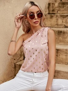SHEIN LUNE Gold Dot Knot One Shoulder Blouse - Pink - View 4