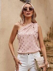 SHEIN LUNE Gold Dot Knot One Shoulder Blouse - Pink - View 5