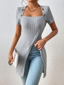 Chiquease 方領紐扣細節圍裹下擺T恤 - 灰色 - 查看 5