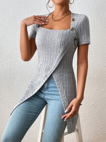 Chiquease 方領紐扣細節圍裹下擺T恤 - 灰色 - 查看 6