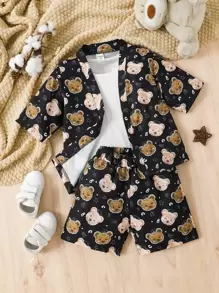 小男童小熊印花襯衫和短褲不帶T恤 - 黑色 - 查看 1