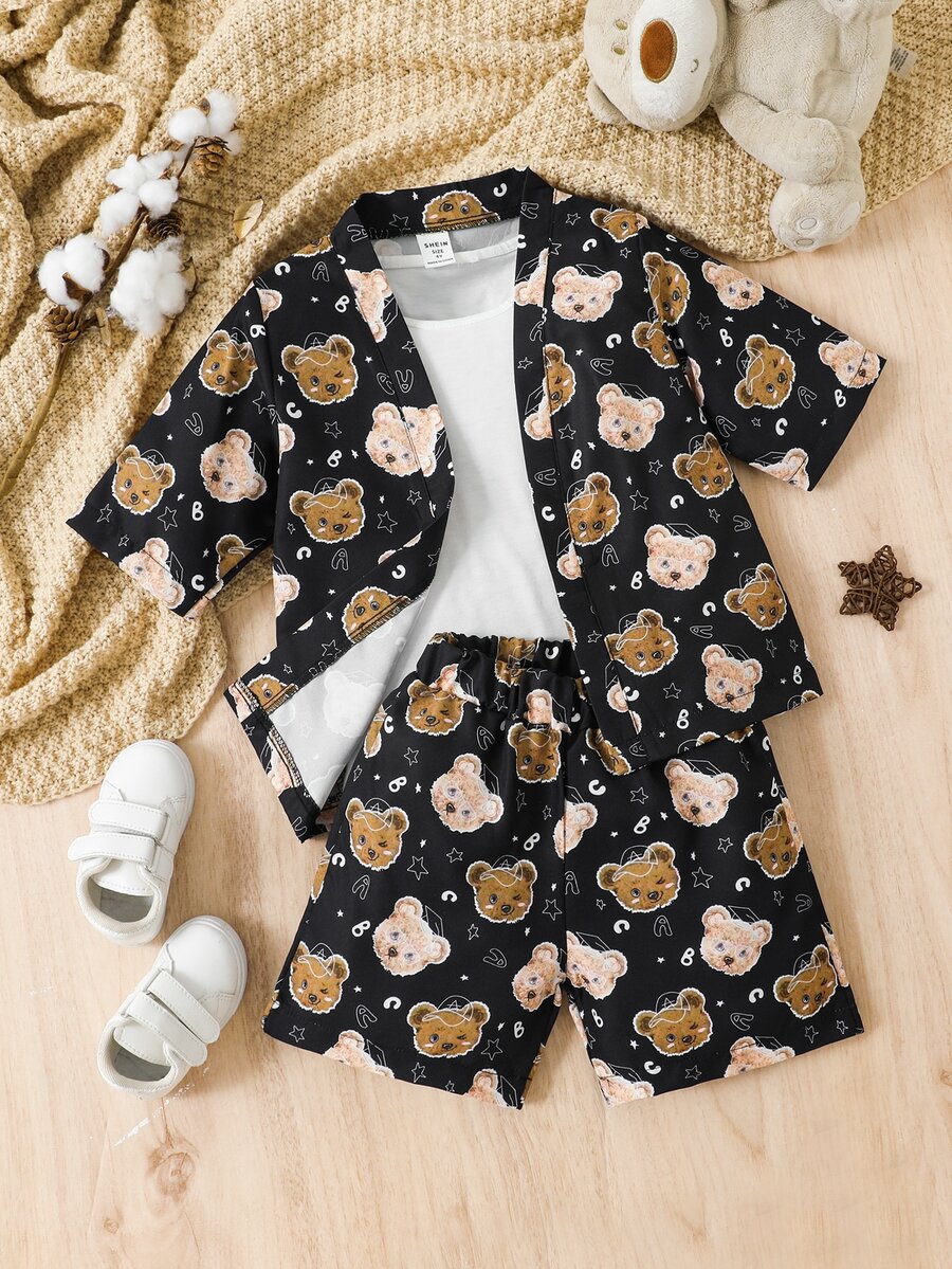 小男童小熊印花襯衫和短褲不帶T恤 - 黑色 - 查看 1