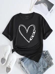 SHEIN LUNE Heart & Butterfly Print Tee - Black - View 1