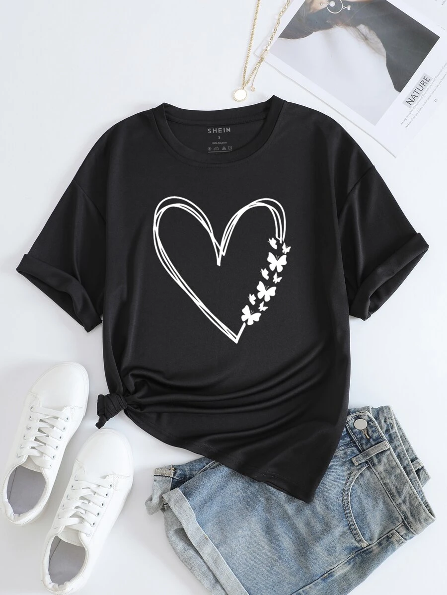 SHEIN LUNE Heart & Butterfly Print Tee - Black - View 1