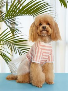 1 pieza Vestido de mascota con patrón de rayas con diseño de malla - Rosa - Ver 1