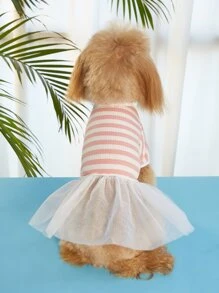 1 pieza Vestido de mascota con patrón de rayas con diseño de malla - Rosa - Ver 2