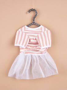 1 pieza Vestido de mascota con patrón de rayas con diseño de malla - Rosa - Ver 3