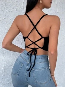 EURMUSE Criss Cross Back Cami Top - màu đen - Xem 1