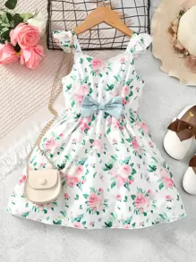 Toddler Girls Floral Print Ruffle Trim Bow Front Dress - White - View 1
