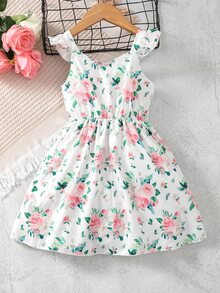 Toddler Girls Floral Print Ruffle Trim Bow Front Dress - White - View 2