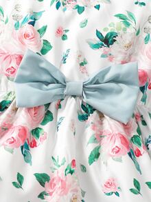 Toddler Girls Floral Print Ruffle Trim Bow Front Dress - White - View 3