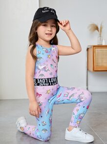 SHEIN Young Girl Letter & Star Print Tank Top & Leggings