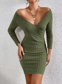 SHEIN Frenchy 交疊領條紋針織緊身洋裝 - 軍綠色 - 查看 4