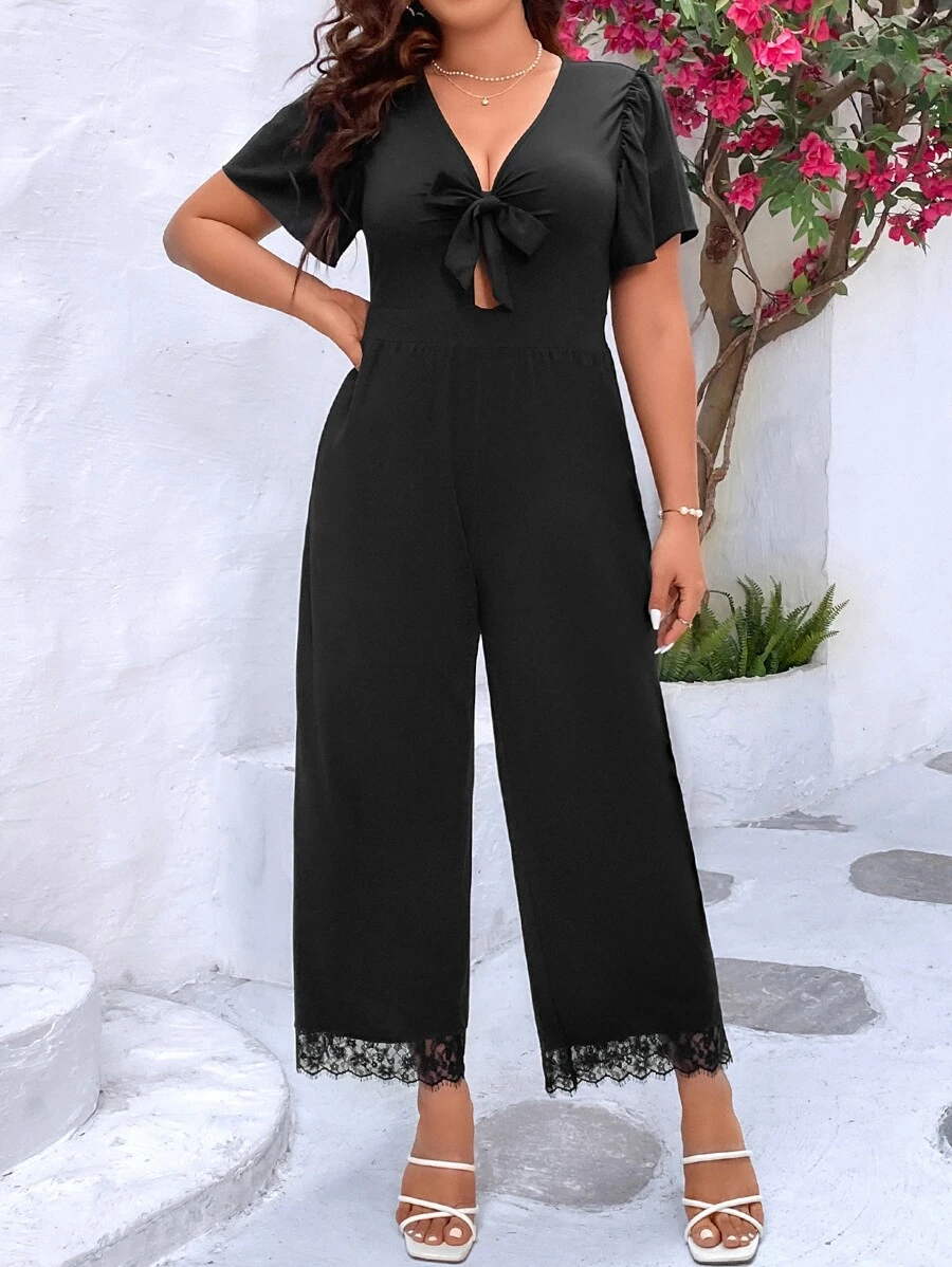 SHEIN Franclia Plus Contrast Lace Tie Front Jumpsuit - Black - View 1