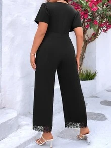 SHEIN Franclia Plus Contrast Lace Tie Front Jumpsuit - Black - View 2