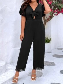 SHEIN Franclia Plus Contrast Lace Tie Front Jumpsuit - Black - View 5