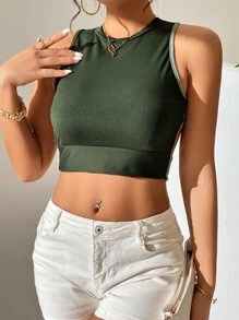 SHEIN Privé Two Tone Tie Backless Crop Tank Top Graphic Tees Women Tops - Green - View 4