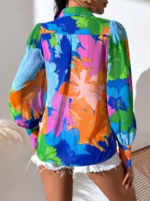 SHEIN VCAY Áo sơ mi nữ Nút phía trước Hoa Boho - Nhiều màu - Xem 2