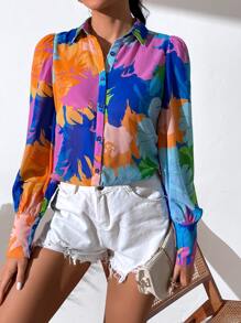 SHEIN VCAY Áo sơ mi nữ Nút phía trước Hoa Boho - Nhiều màu - Xem 3