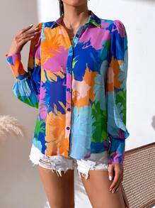 SHEIN VCAY Áo sơ mi nữ Nút phía trước Hoa Boho - Nhiều màu - Xem 4