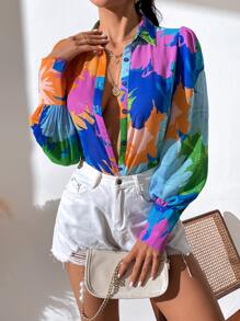 SHEIN VCAY Áo sơ mi nữ Nút phía trước Hoa Boho - Nhiều màu - Xem 5