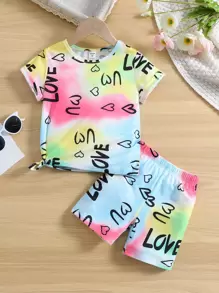 SHEIN Cô Gái Trẻ Nhuộm buộc In thư Thể thao Thoải mái Ngắn tay Phù hợp thường Áo thun Và Bộ quần short Cho mùa hè - Nhiều màu - Xem 1