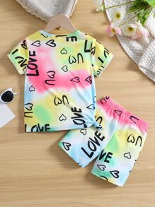 SHEIN Cô Gái Trẻ Nhuộm buộc In thư Thể thao Thoải mái Ngắn tay Phù hợp thường Áo thun Và Bộ quần short Cho mùa hè - Nhiều màu - Xem 2