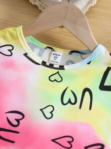 SHEIN Cô Gái Trẻ Nhuộm buộc In thư Thể thao Thoải mái Ngắn tay Phù hợp thường Áo thun Và Bộ quần short Cho mùa hè - Nhiều màu - Xem 3