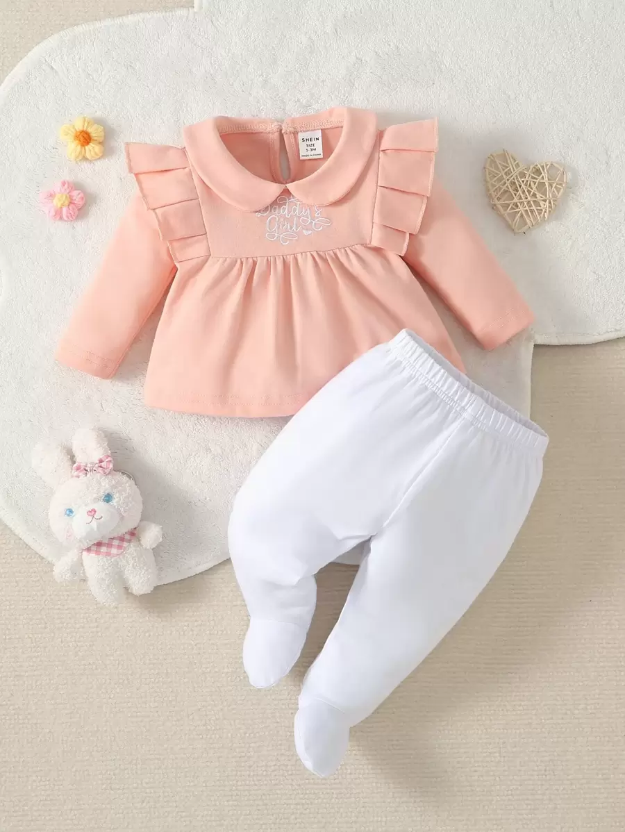 Baby Letter Embroidery Ruffle Trim Baby Sleep Tee & Footed Trousers - Multicolor - View 1