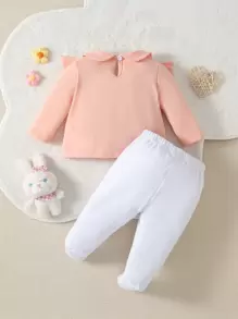 Baby Letter Embroidery Ruffle Trim Baby Sleep Tee & Footed Trousers - Multicolor - View 2