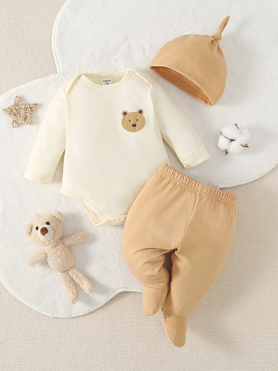 嬰兒小熊印花睡連體衣和包腳長褲