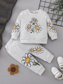 SHEIN Baby Floral Print Sweatshirt & Joggers - Light Grey - View 1