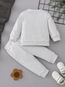 SHEIN Baby Floral Print Sweatshirt & Joggers - Light Grey - View 2
