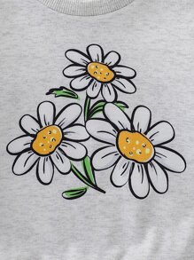 SHEIN Baby Floral Print Sweatshirt & Joggers - Light Grey - View 4