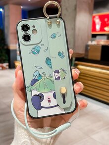 卡通熊貓手機殼帶腕帶支架和手機掛繩 - 綠色 - 查看 2