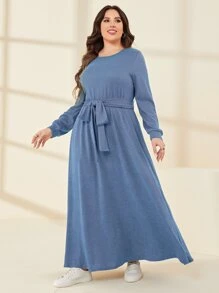 Mulvari Vestido con cinturón unicolor - Neblina azul - Ver 3