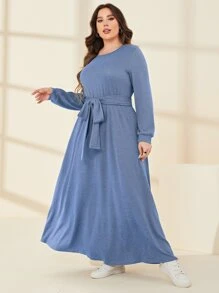 Mulvari Vestido con cinturón unicolor - Neblina azul - Ver 4