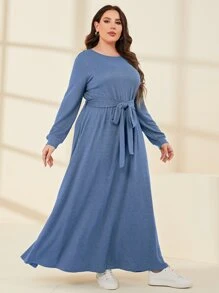 Mulvari Vestido con cinturón unicolor - Neblina azul - Ver 5