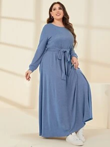 Mulvari Vestido con cinturón unicolor - Neblina azul - Ver 6