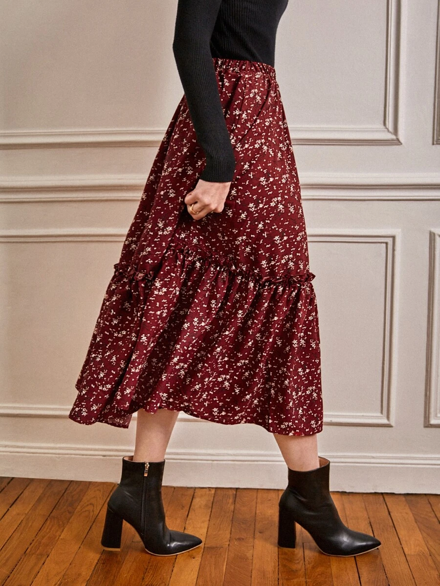 SHEIN Frenchy Ditsy Floral Frill A-Line Skirt Summer Vacation - Maroon - View 1