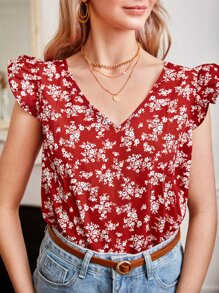 SHEIN Frenchy Floral Print Ruffle Sleeve Blouse - Red and White - View 1