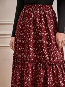 SHEIN Frenchy Ditsy Floral Frill A-Line Skirt Summer Vacation - Maroon - View 3